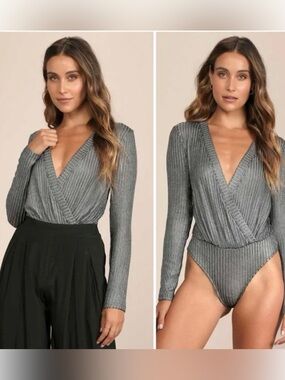 NWT! LuLu’s Silver Metallic Surplice Long-Sleeve Bodysuit